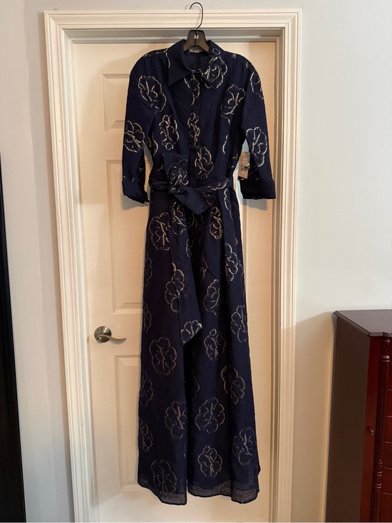 Teri Jon Dresses & Skirts - Teri Jon Navy and Gold Jacquard Shirt Waist Dress with Floral Embroidery
